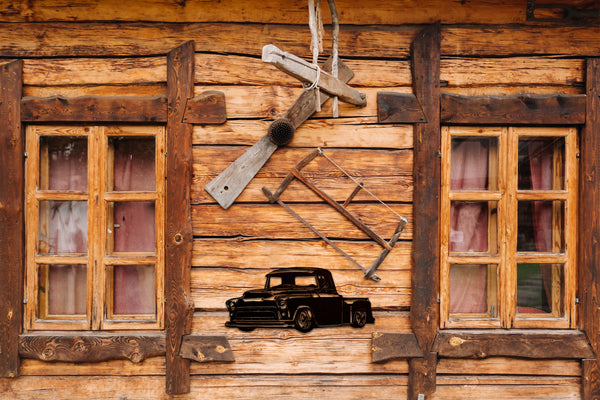 Awesome 50s era GMC Chevrolet Chevy pickup truck 3100 wall art shown on timber wall