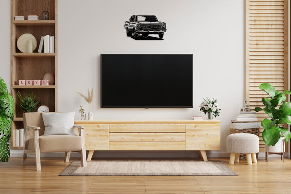 Cool sixty-seven chevy Nova metal wall art above a tv, perfect for any petrol heads space!