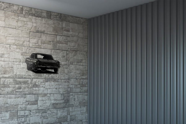 Cool sixty-seven chevy Nova metal wall art, on a block wall, perfect for any petrol heads space!